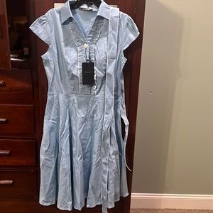 Light Blue with ruffle white trim Side Zip Belted Waist Dress